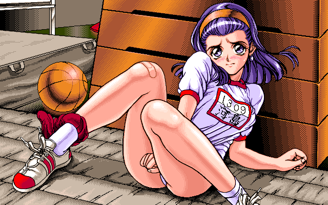 4bpp 90s ankle_socks anklehighs ass bandaid basketball bloomers blue_garnet blush buruma embarrassed female game_cg gym gym_storeroom gym_uniform hairband kajiyama_hiroshi looking_at_viewer oldschool pc98 purple_hair red_bloomers short_hair sitting socks solo trush_(company) vaulting_horse white_socks