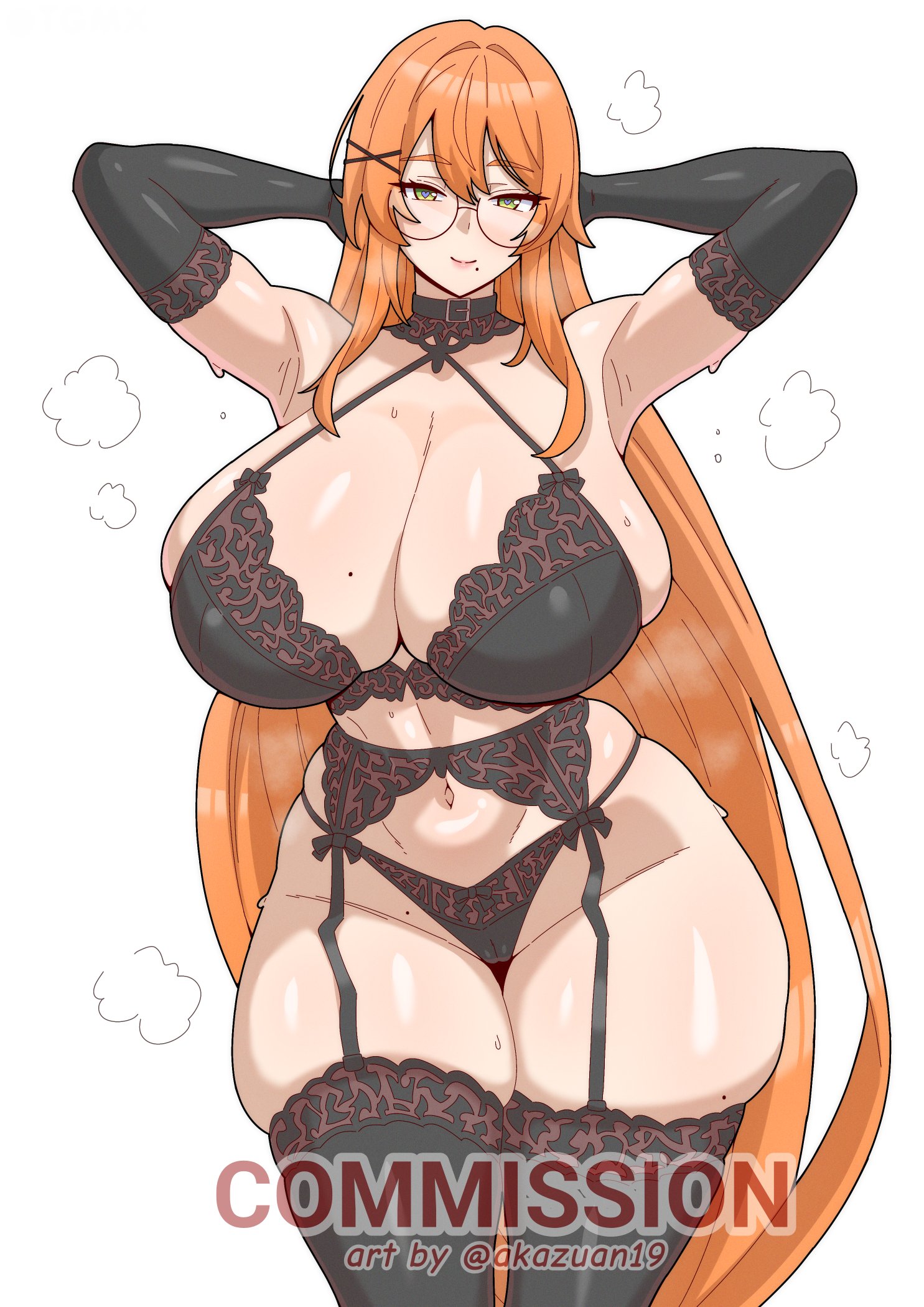 1girls, akazuan 19, breasts, character request, copyright request, female, female focus, glasses, large breasts, light skin, light-skinned female, lingerie, looking at viewer, mole, mole under mouth, thick thighs, thighs, wide hips