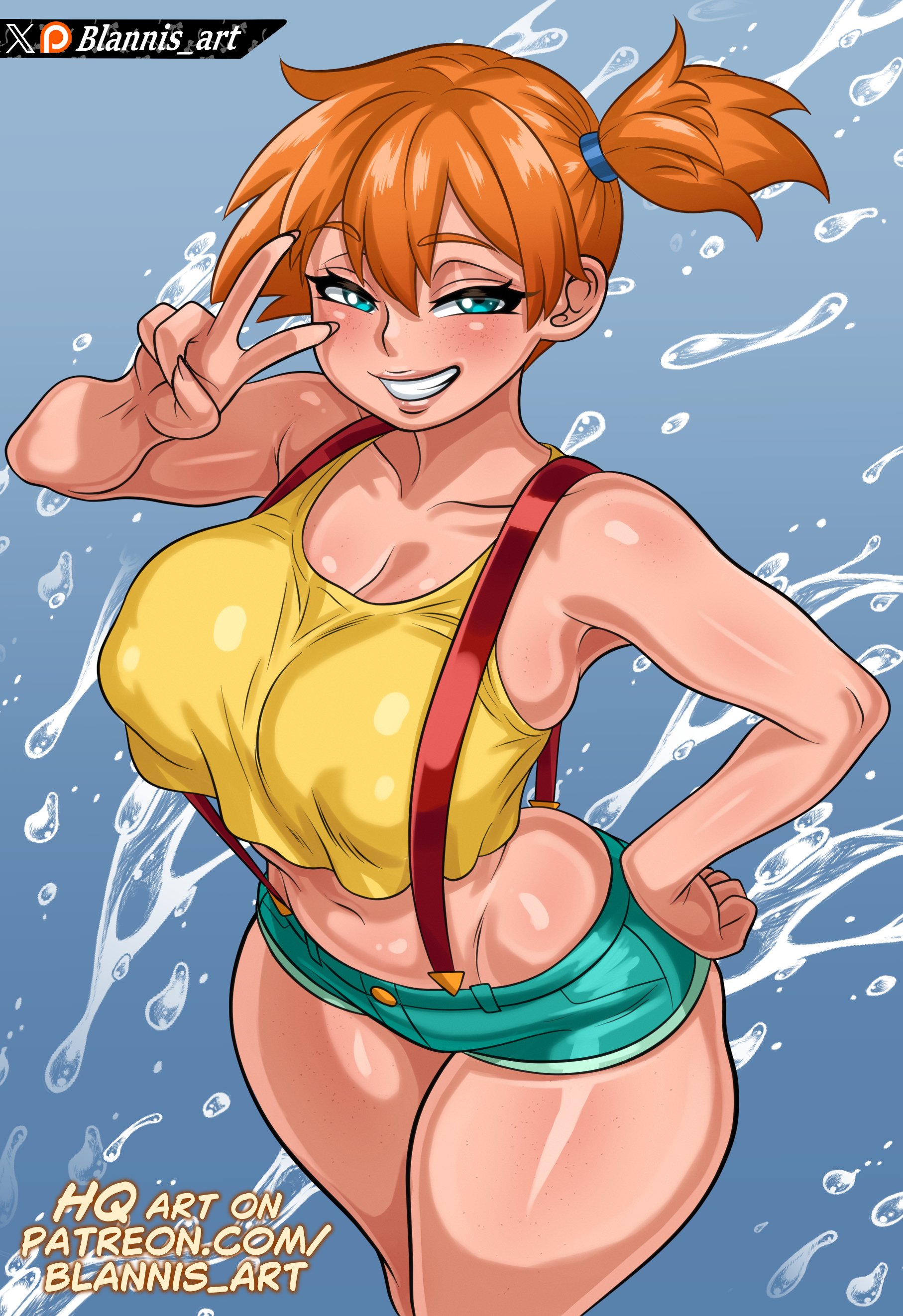 1girls, alternate breast size, aqua eyes, aqua shorts, artist name, bare shoulders, blannis art, blue eyes, blush, breasts, cleavage, collarbone, covered nipples, crop top, curvy, denim, denim shorts, female, female only, freckles, game freak, grin, gym leader, half-closed eyes, hand on own hip, huge breasts, kasumi (pokemon), looking at viewer, midriff, misty (pokemon), navel, nintendo, orange hair, patreon logo, patreon username, peace sign, pokemon, pokemon (anime), pokemon (classic anime), pokemon rgby, ponytail, shiny skin, short hair, short shorts, shorts, side ponytail, smile, solo, splashing, standing, suspender shorts, suspenders, tank top, teeth, thick thighs, thighs, v, v over eye, water, web address, wide hips, yellow tank top