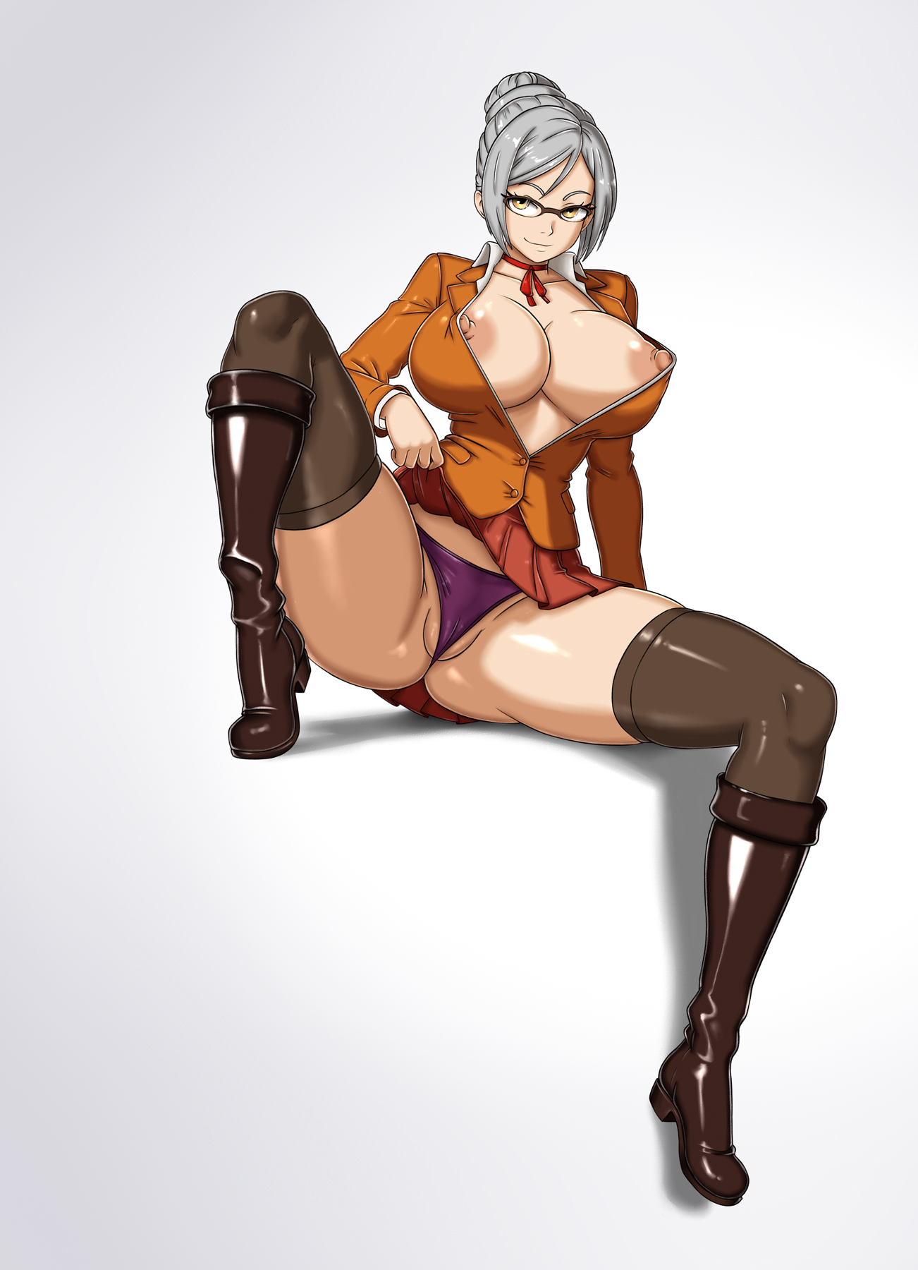 areola, areolae, ass visible through thighs, big ass, big breasts, boots, braless, breasts, brown eyes, cameltoe, choker, flashing panties, flashing pussy, glasses, grey hair, hcitrus, huge breasts, lifting skirt, miniskirt, miniskirt lift, nipple bulge, nipple slip, nipples, nipslip, open collar, open jacket, panties, pantyshot, partially visible vulva, prison school, pussy peek, revealing breasts, revealing clothes, school uniform, schoolgirl, sexy, sexy body, shiraki meiko, short skirt, silver hair, spread legs, stockings, teasing, thighhighs, thighs, thong, upskirt