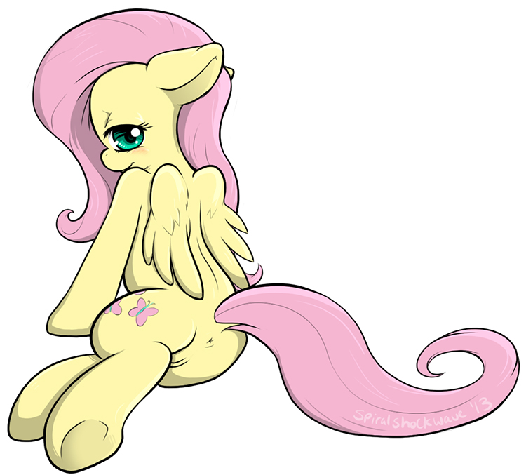 2013 anus blush cutie_mark cyan_eyes equine female fluttershy_(mlp) friendship_is_magic fur hair hooves horse long_hair looking_at_viewer looking_back lying my_little_pony on_side pegasus pink_hair plain_background pony pussy ryoshockwave solo straight_hair white_background wings yellow_fur