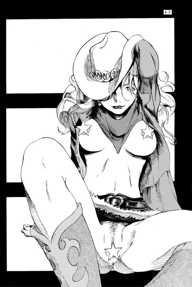 1998 1girls breasts censored cowboy_bebop cowboy_hat female greyscale hat human judy_(cowboy_bebop) large_breasts long_hair monochrome nekoi_mie pubic_hair solo star_censor tagme