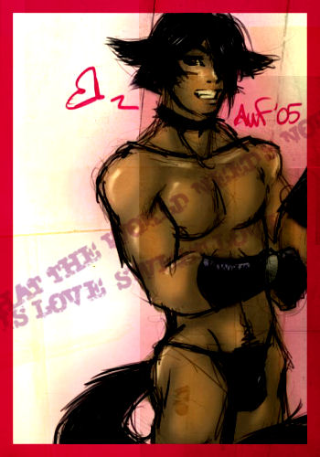 2005 animal_ears auf black_hair black_underwear english_text gloves hair_over_one_eye male_only short_hair solo_male tail tan_skin wolf's_rain