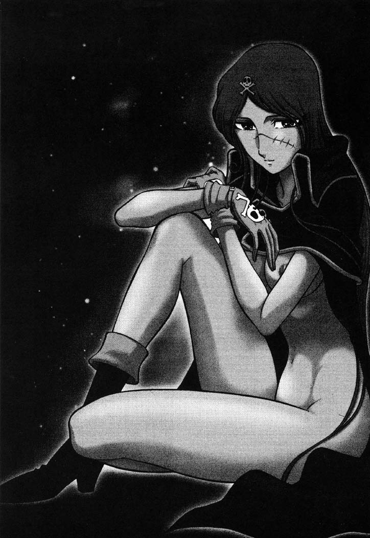 1girls 2001 aratamaru boots breasts cape emeraldas female gloves greyscale large_breasts leijiverse long_hair looking_at_viewer monochrome nipples queen_emeraldas sitting solo space_pirate_captain_harlock tagme