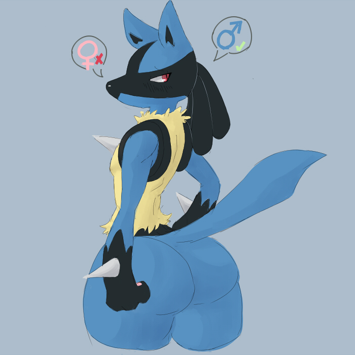 anthro anus ass blush canine fur furry looking_back lucario male male_only mammal nintendo pokemon pokemon_(species) raised_tail red_eyes signirsol solo spikes tail_grab video_games