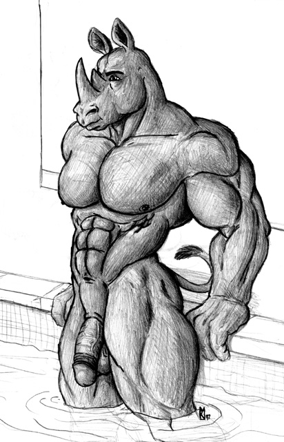 1990s 1997 20th_century abs balls biceps horn male male_only muscles pecs penis pool rhinoceros solo sudonym thick_penis water