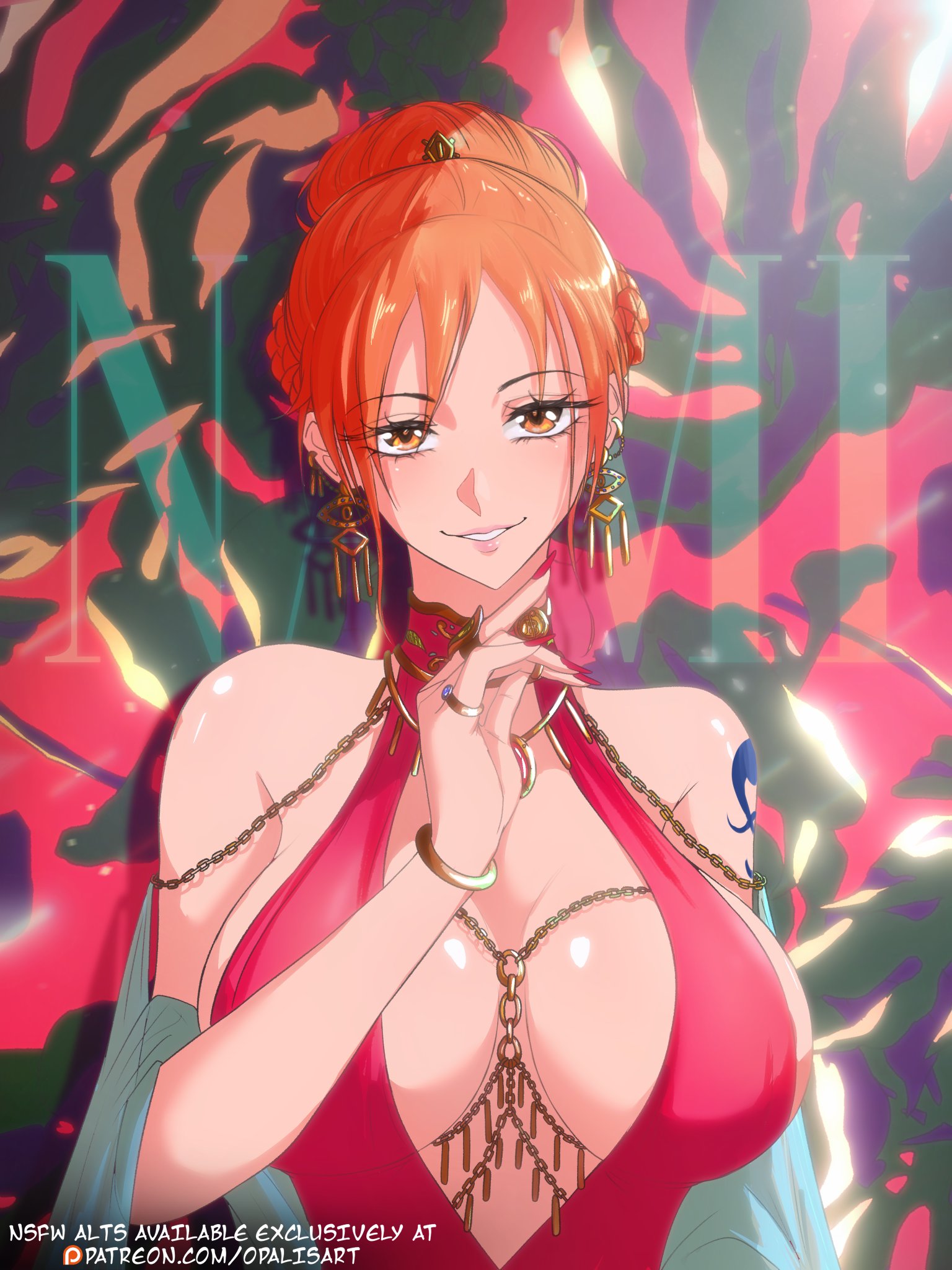 1girls, arm tattoo, bare shoulders, bedroom eyes, big breasts, blue tattoo, blush, breasts, cleavage, clothed, clothing, color, dress, female, female focus, female only, hi res, jewelry between breasts, large breasts, light skin, light-skinned female, long hair, looking at viewer, nami (one piece), one piece, opalisart, orange eyes, orange hair, orange-haired female, plunging neckline, red dress, redraw, revision, seductive cleavage, seductive eyes, seductive look, seductive smile, shiny skin, shounen jump, solo female, tagme, tattoo, thick thighs