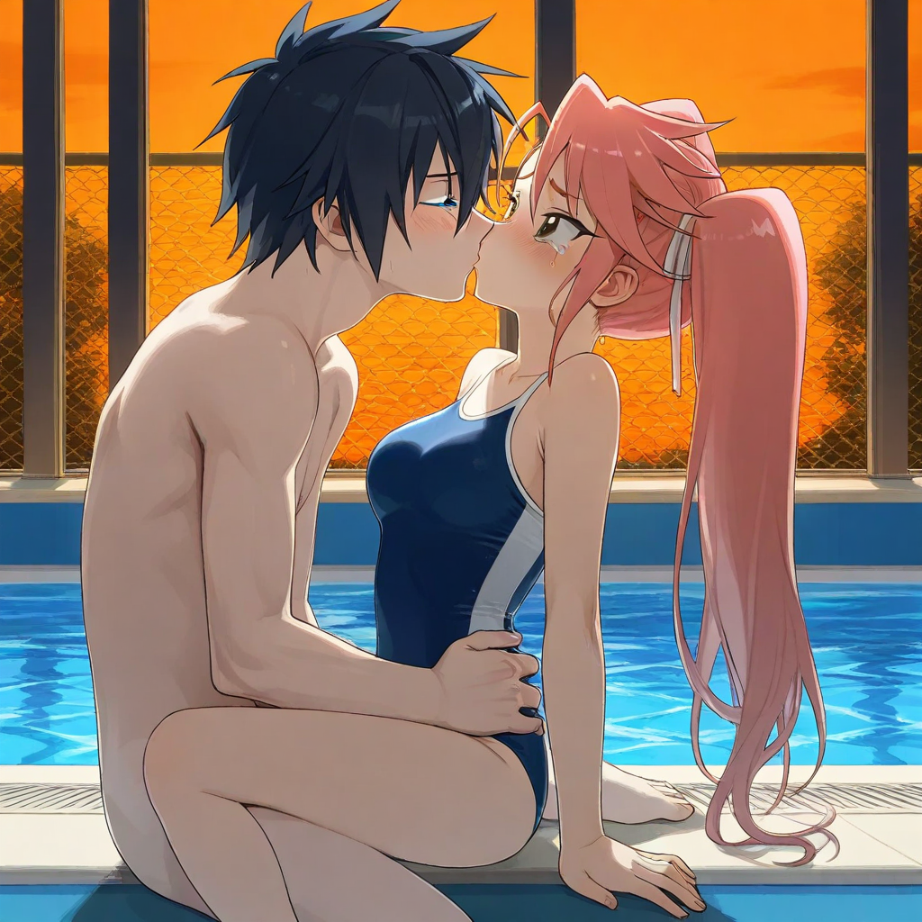 1boy1girl ai_generated black_hair breasts couple fairy_tail gray_fullbuster highschool_of_the_dead kissing pink_hair pool saya_takagi school_swimsuit school_uniform twintails