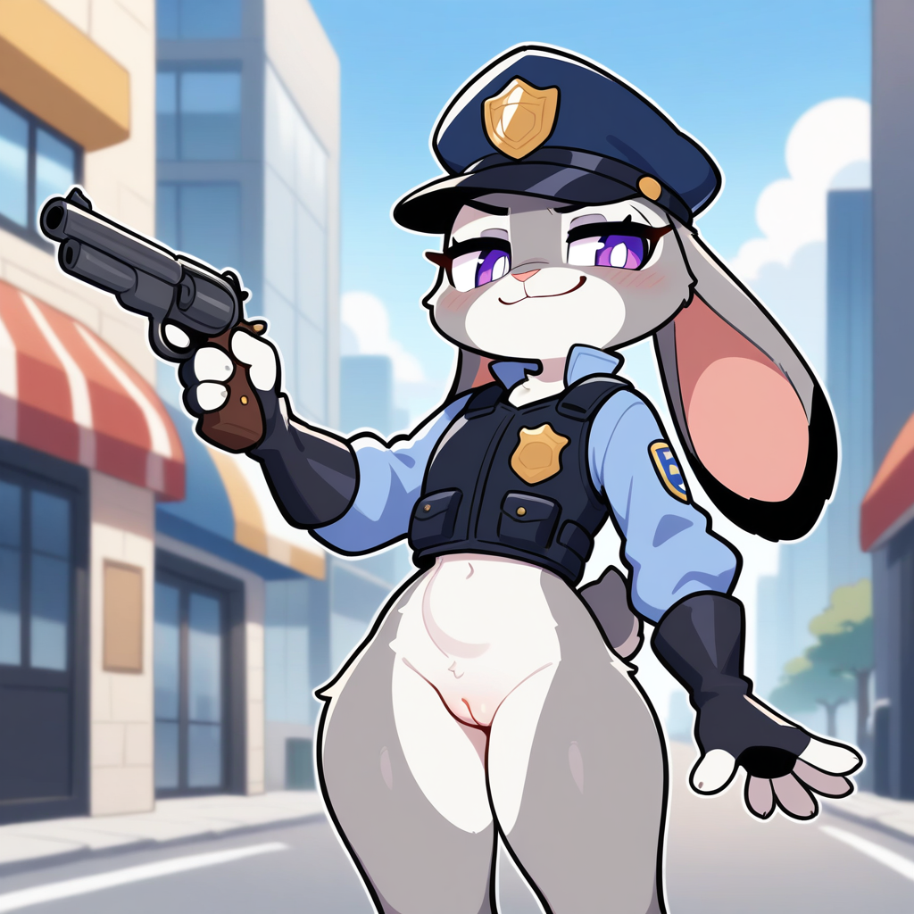 ai_generated bottomless gun judy_hopps police_vest pussy smug solo solo_female solo_focus tactical_vest zootopia