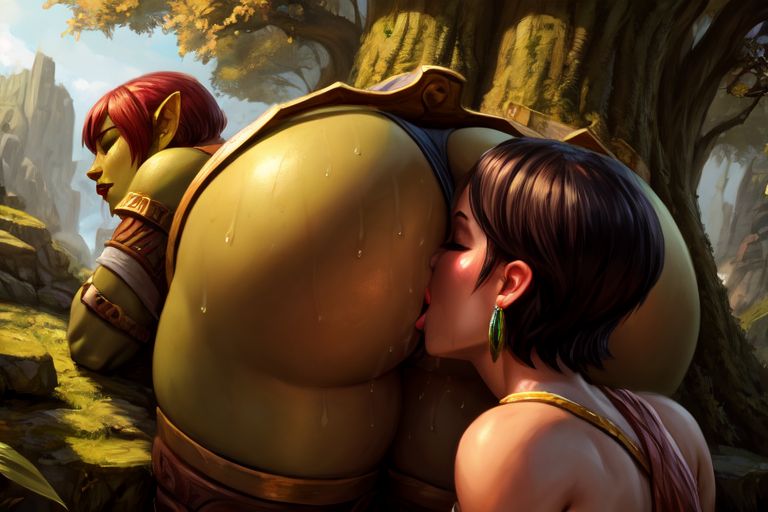 2girls ai_generated anus_worship ass ass_worship brown_hair butt_worship day earrings eating_ass face_in_ass female female/female forest huge_ass huge_butt human human_female light-skinned_female light_skin orc orc_female outdoors red_hair rimjob rimming_female thick_thighs yuri