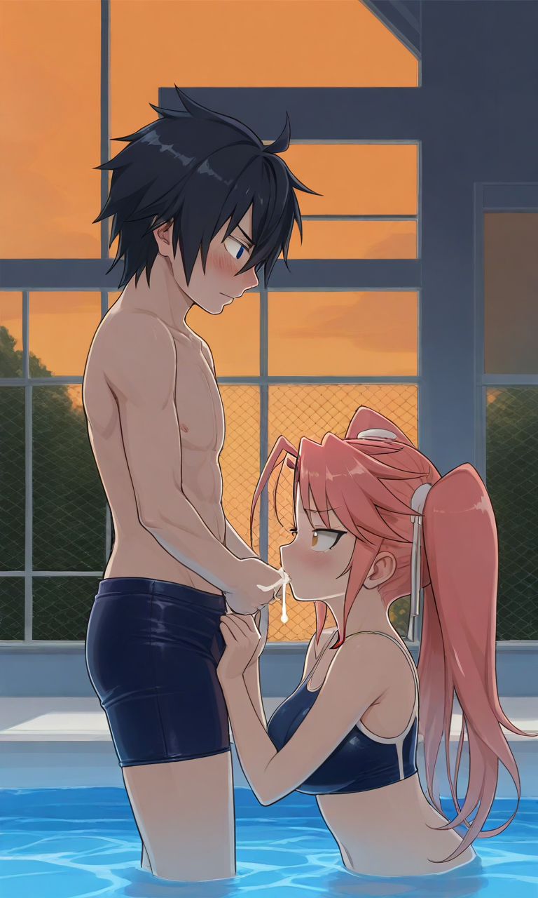 1boy1girl ai_generated black_hair breasts couple fairy_tail gray_fullbuster highschool_of_the_dead kissing pink_hair pool saya_takagi school_swimsuit twintails