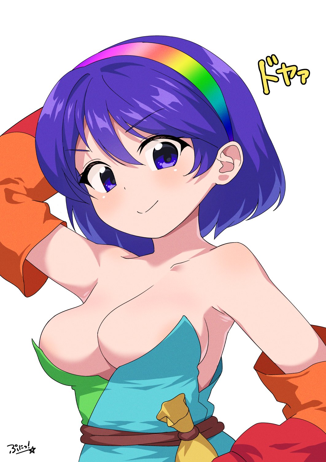 1girls breasts chimata_tenkyuu cleavage exposed_breasts female female_only hidden_nipples light-skinned_female light_skin mostly_clothed punibanki purple_eyes purple_hair rainbow_clothing smile smiling solo solo_female tenkyuu_chimata touhou