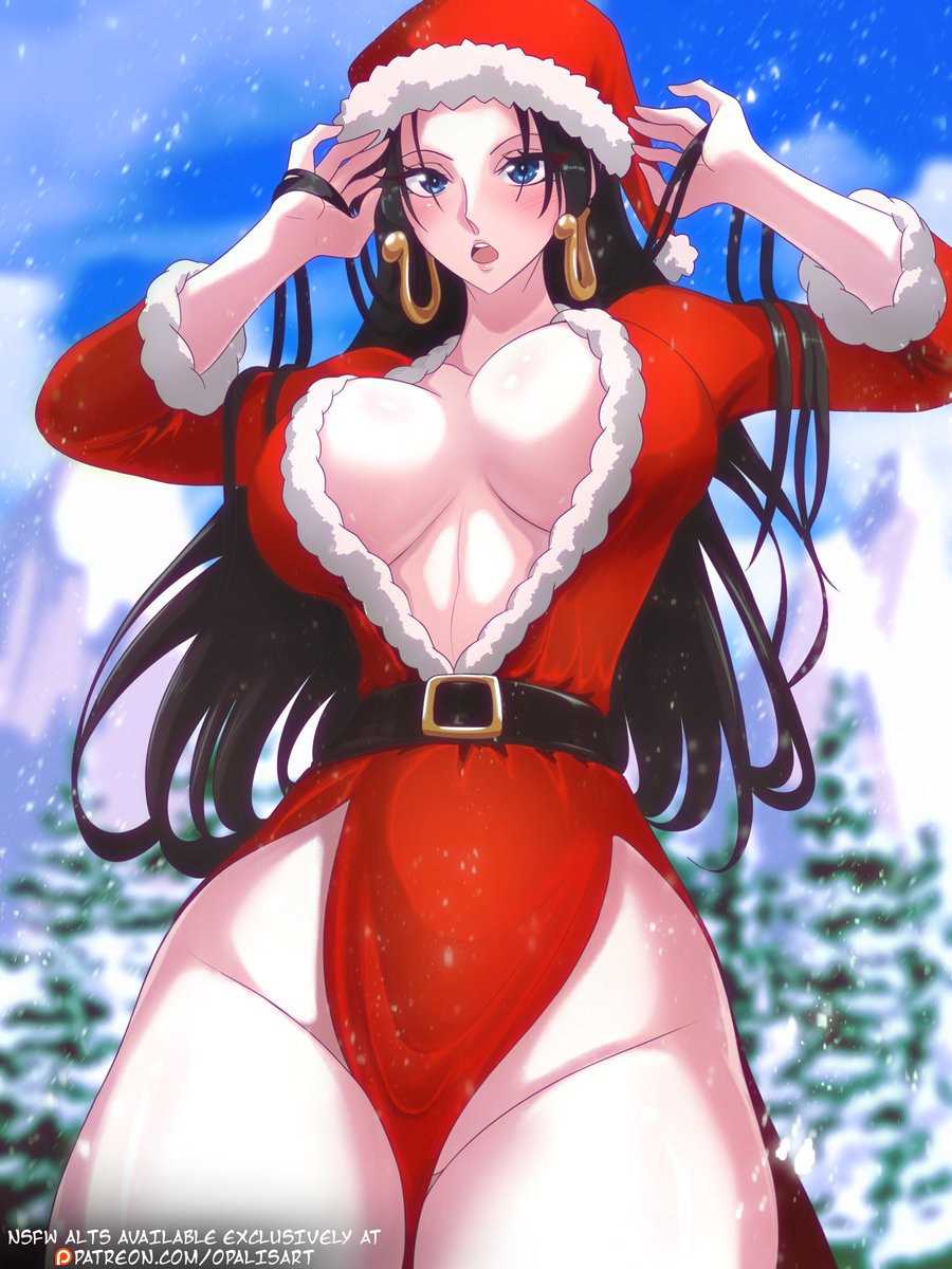 bare_arms bare_shoulders big_breasts black_hair blue_eyes blush boa_hancock christmas christmas_hat christmas_outfit clothed clothing color female female_focus female_only hi_res large_breasts light-skinned_female light_skin long_hair looking_at_viewer one_piece opalisart shounen_jump solo_female tagme thick_thighs