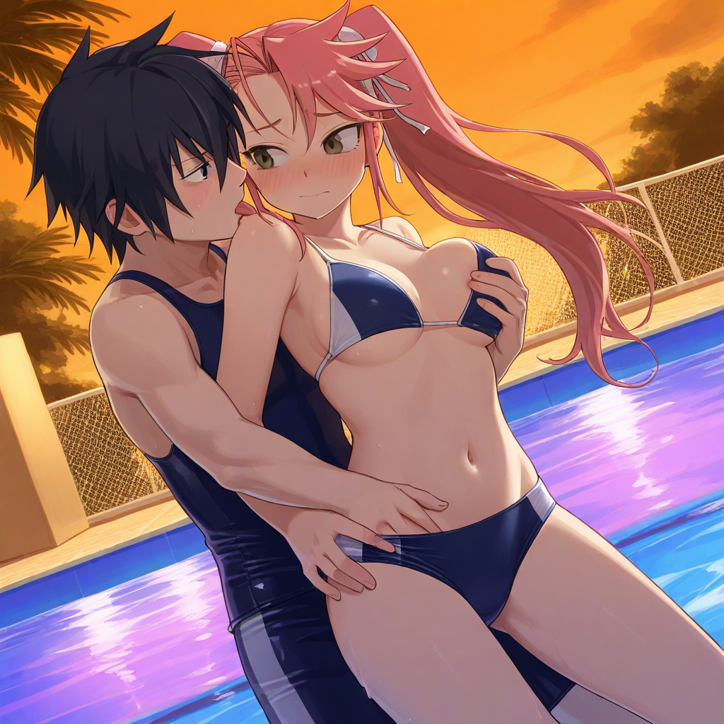 1boy1girl ai_generated black_hair breasts couple highschool_of_the_dead kissing pink_hair pool saya_takagi school_swimsuit twintails