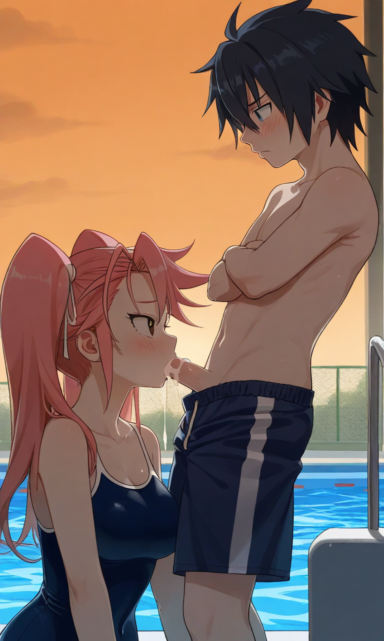 1boy1girl ai_generated black_hair breasts couple fairy_tail gray_fullbuster highschool_of_the_dead kissing pink_hair pool saya_takagi school_swimsuit twintails