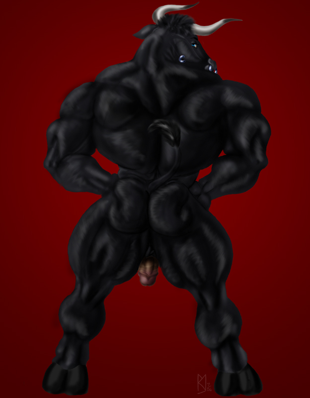 ass back_turned balls biceps big black_fur blue_eyes bovine cattle colored ear_piercing facial_piercing fur horn looking_at_viewer male male_only muscles nose_piercing penis piercing plain_background pose red_background solo sudonym