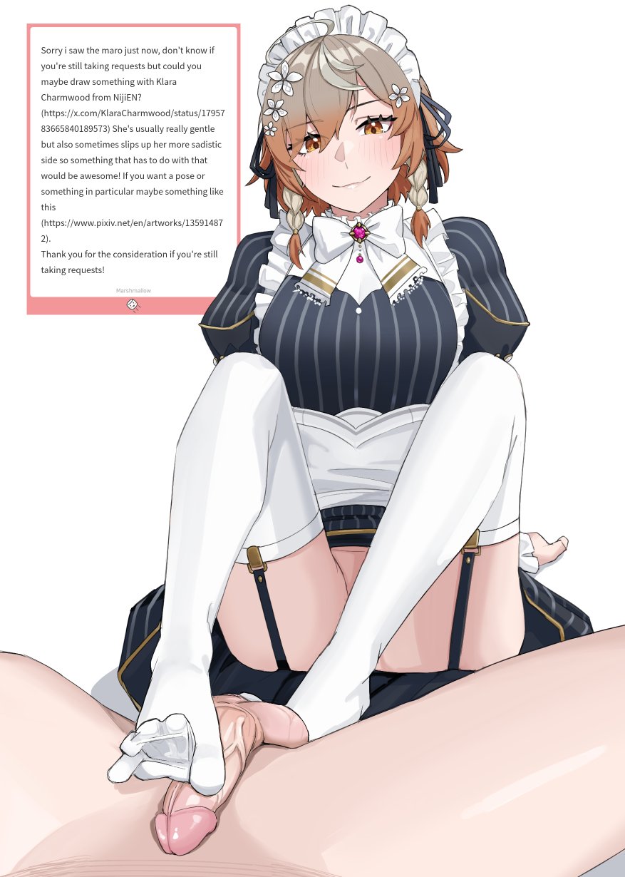 1boy, 1girls, big penis, bottomless, brown eyes, brown hair, clothed female nude male, feet fetish, feet focus, feet on penis, female, flowers, flowers in hair, foot fetish, foot massage, footjob, footwear, garter straps, gradient hair, klara charmwood, kuon bb, kuon bb (kuonr18/epijbp), legwear, looking at penis, looking down, maid, maid headdress, maid uniform, male, nijisanji, nijisanji en, no panties, penis, thighhighs, twin braids, virtual youtuber