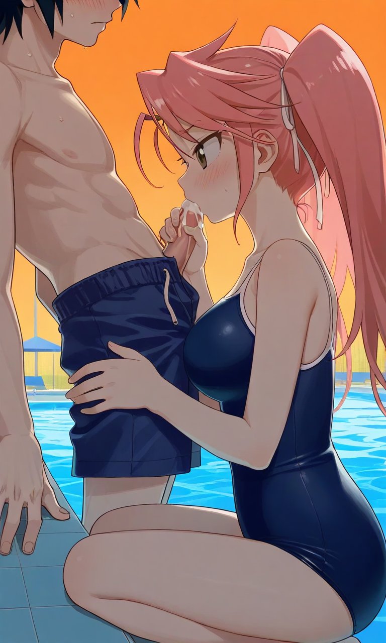 1boy1girl ai_generated black_hair breasts couple fairy_tail gray_fullbuster highschool_of_the_dead kissing pink_hair pool saya_takagi school_swimsuit twintails