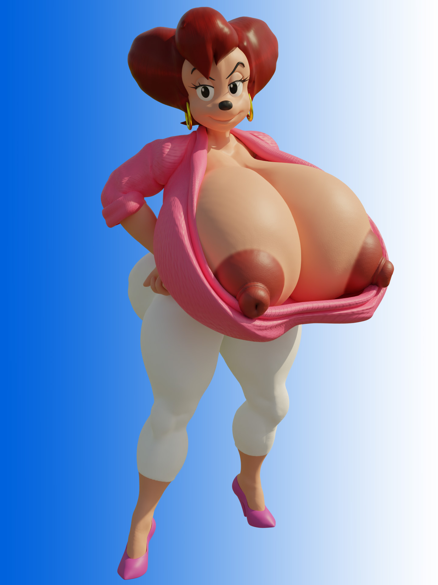 3d, anthro, anthro only, big breasts, big nipples, blue background, breasts, disney, female, furry, goof troop, high heels, hyper breasts, large breasts, looking at viewer, nipples, no bra, peg pete, shocking (artist), short hair, tagme, thighs