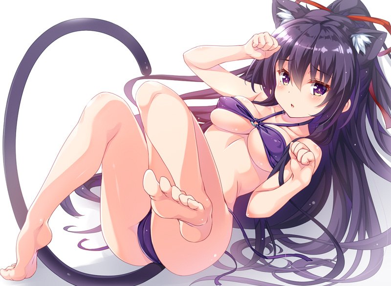 anime_girl animegirl beautiful beautiful_females belly belly_button blush cameltoe cat_ears cat_girl cat_pose cat_tail catgirl cute cute_expression cute_eyes cute_face cute_girl erect_nipples_under_clothes feet feet_first feet_focus feet_up goddess laying_back laying_down laying_on_back laying_on_floor laying_on_ground long_hair lovely nekomimi pale-skinned_female pale_skin purple_bikini purple_bra purple_eyes purple_hair purple_panties red_ribbon shiny_eyes shiny_skin white_background yatogami_shido yatogami_tohka