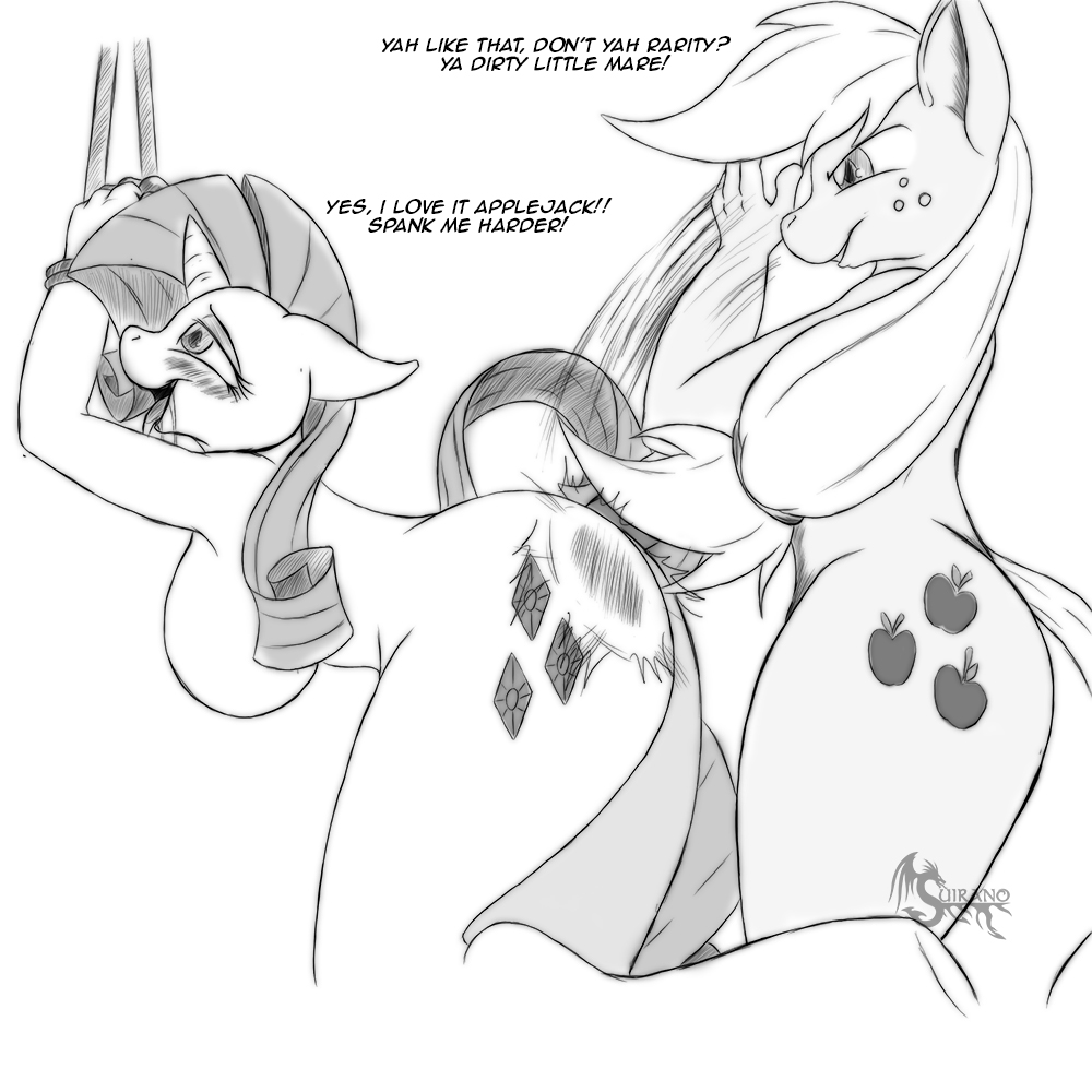 2013 anthro anthrofied applejack_(mlp) ass blush bondage bound breasts cutie_mark duo equine female freckles friendship_is_magic hair horn horse long_hair monochrome my_little_pony pony rarijack rarity_(mlp) rope saliva sideboob slap spanking straight_hair suirano unicorn yuri