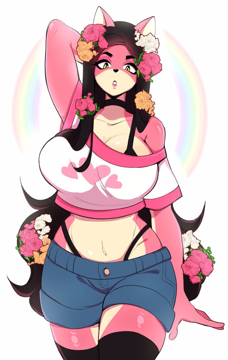 1girls animal_humanoid anthro arm_up armpit big_breasts black_bra black_choker black_panties bloodycherrylip blue_shorts bra_peek bra_strap crop_top ddloveblood dvampiresmile female female_focus female_only flower_in_hair flowers hi_res hourglass_figure long_hair panty_peek pink_body rainbow spring_(dvampiresmile) standing_position thick_thighs topwear two_tone_body wide_hips