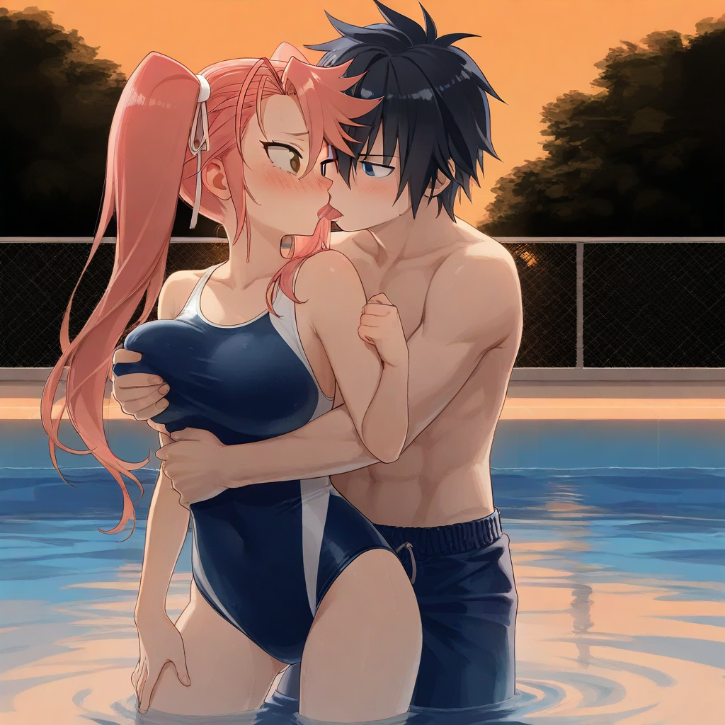 1boy1girl ai_generated black_hair breasts couple highschool_of_the_dead kissing pink_hair pool saya_takagi school_swimsuit twintails