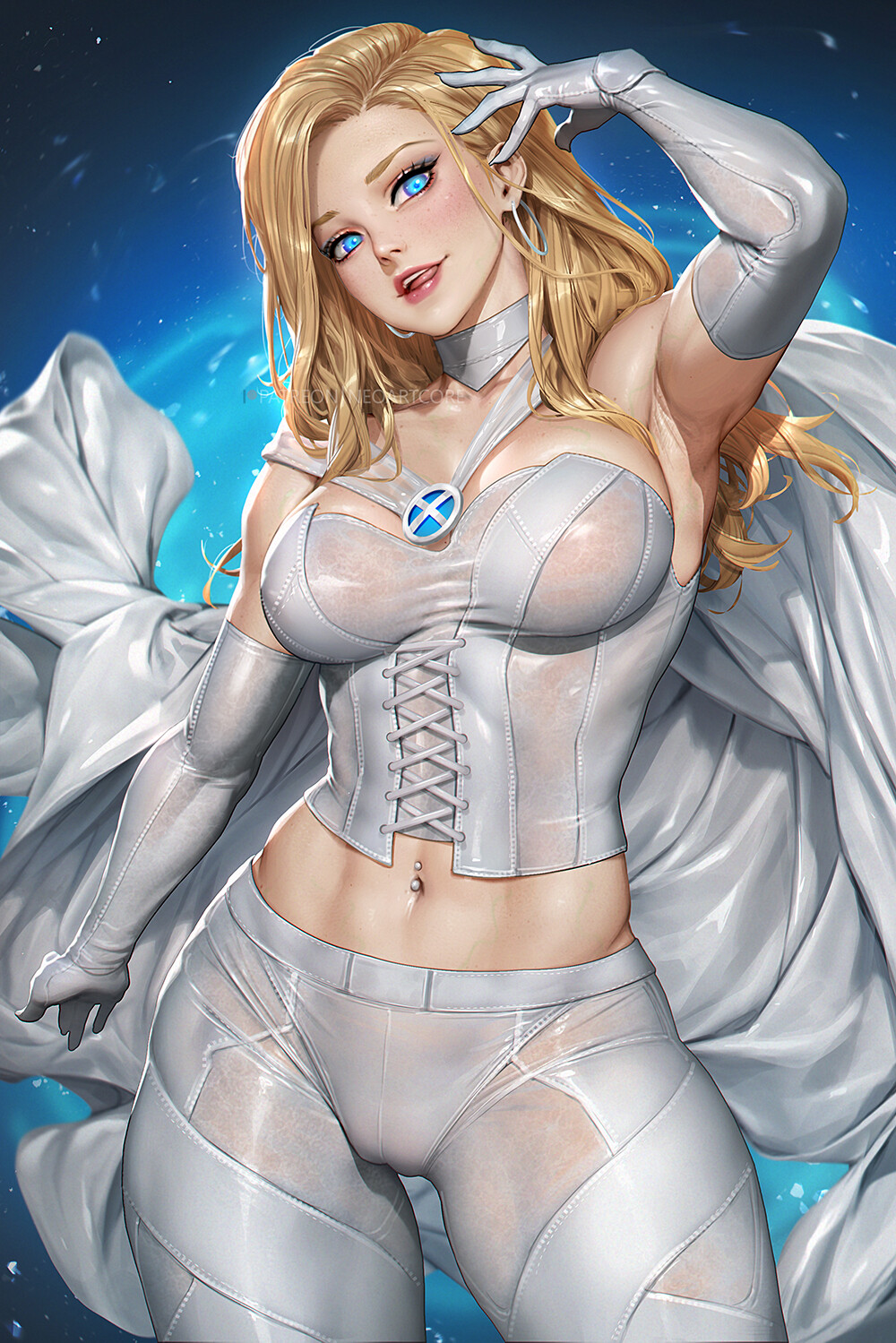 ai_generated blonde_female blonde_hair blue_eyes emma_frost female licking_own_lips marvel marvel_comics neoartcore voluptuous_female wet_clothing white_queen x-men