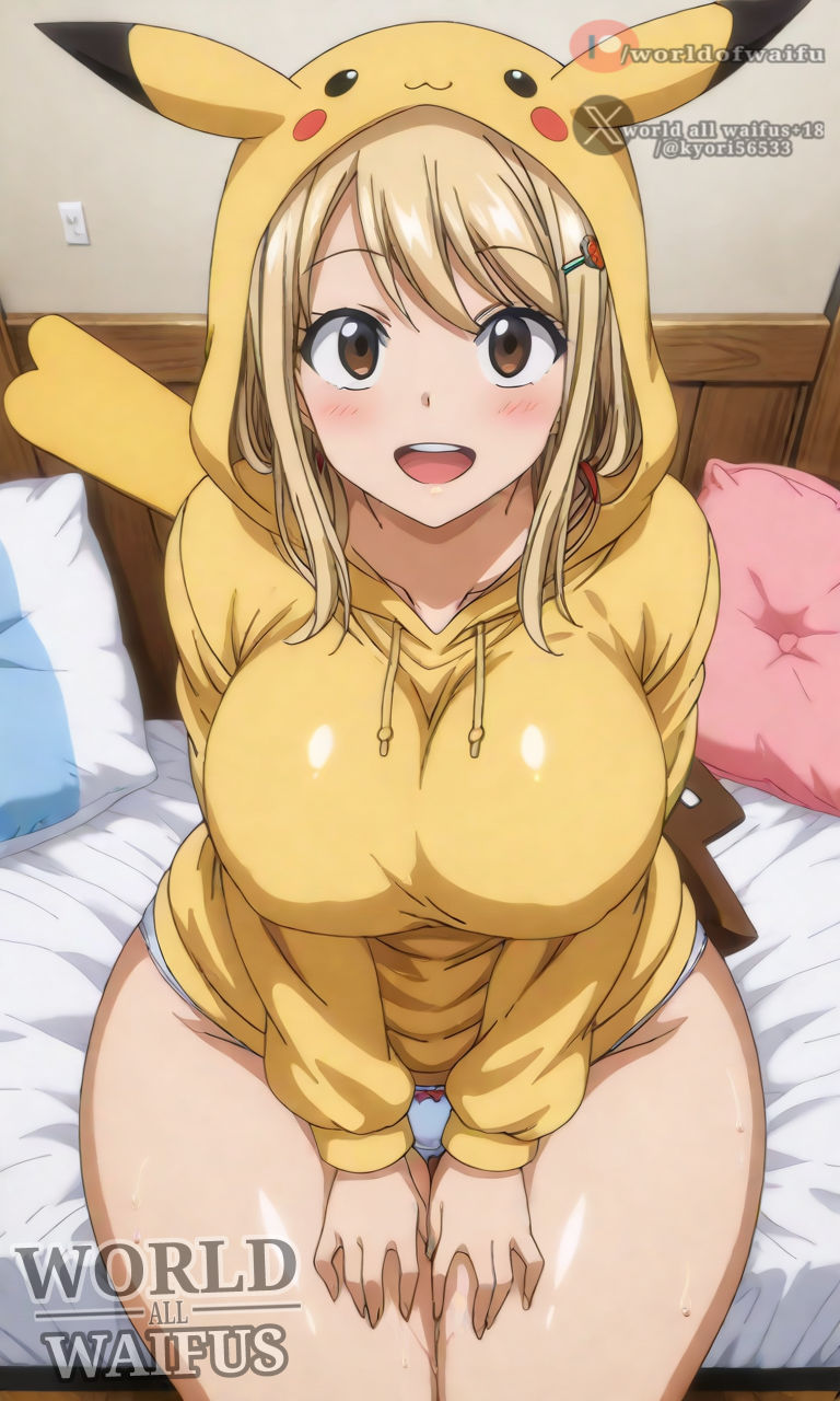 blonde fairy_tail looking_at_viewer lucy_heartfilia pijama pikachu pikachu_(cosplay) pokemon underwear