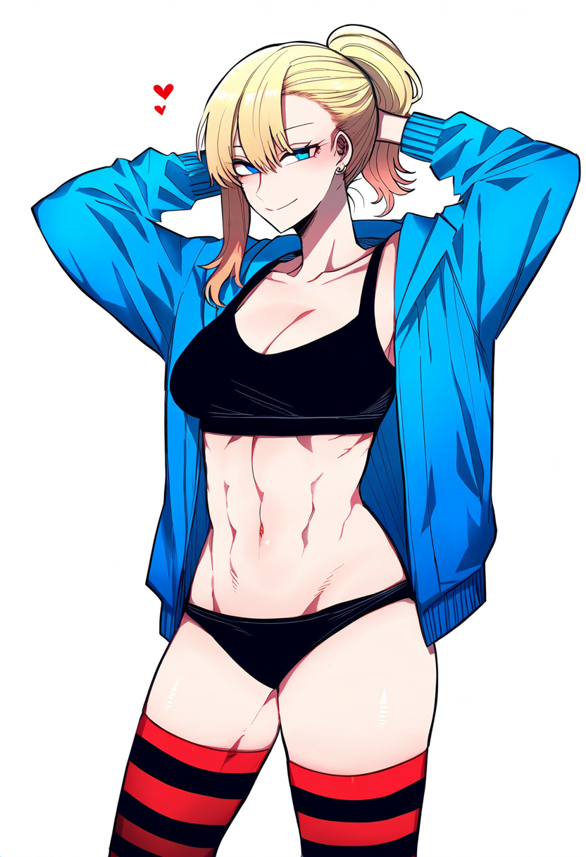 abs ai_generated blonde_female blonde_hair blonde_hair blue_eyes blue_jacket bra etta_thuringen_(hismajestyii) hismajestyii light-skinned_female light_skin novelai panties scantily_clad sports_bra stockings striped_stockings toned toned_female