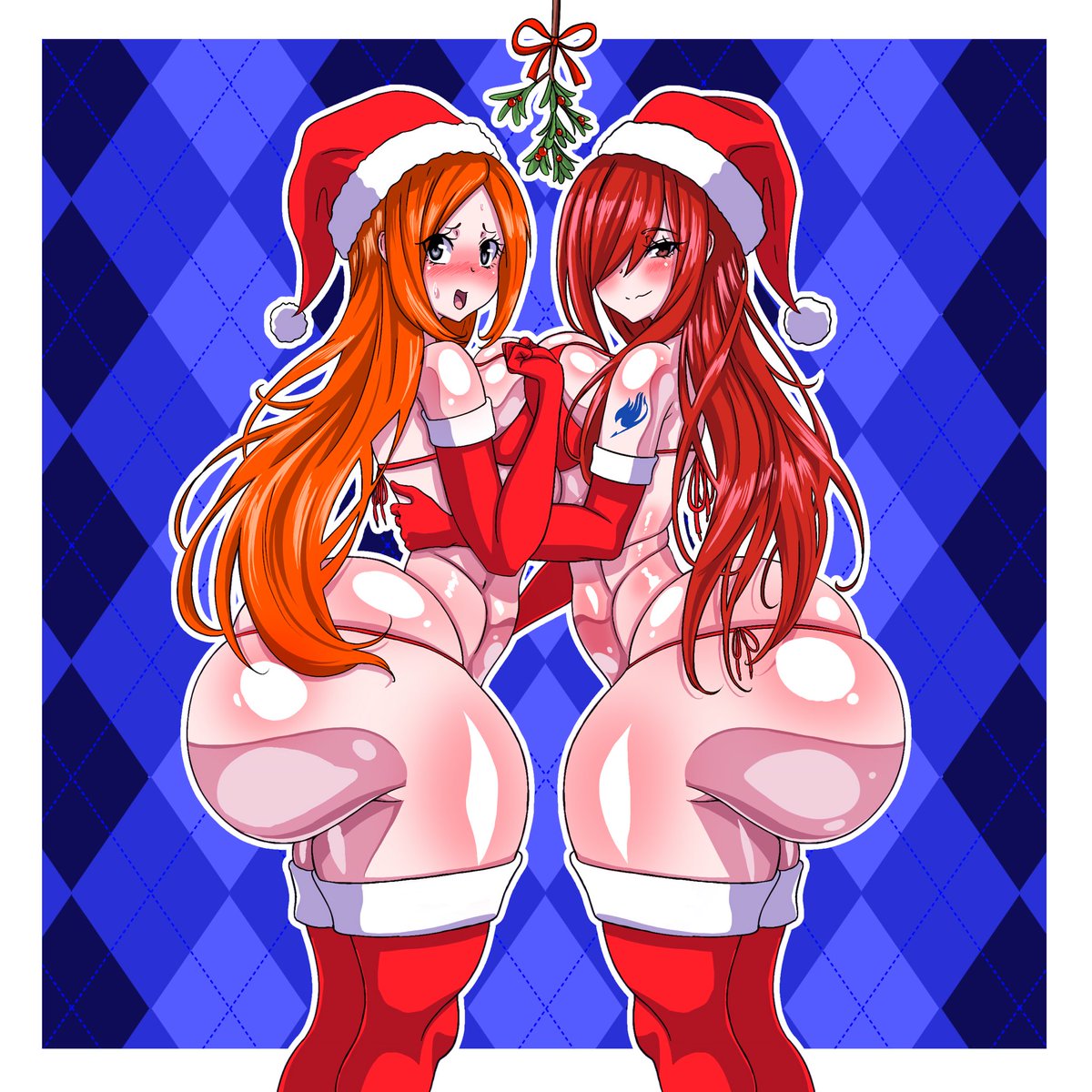 1:1 2girls armwear ass ass_bigger_than_head big_ass big_breasts big_butt bikini bleach bottom_heavy breast_to_breast breasts bubble_butt christmas clothing crossover curvaceous curvy curvy_figure dat_ass de_kurayami dumptruck_ass erza_scarlet fairy_tail female female_only grey_eyes hair_over_one_eye huge_ass huge_breasts inoue_orihime large_ass large_breasts legwear long_hair looking_at_viewer micro_bikini mistletoe mostly_nude multiple_girls orange_hair red_eyes red_hair shounen_jump side_view slim_waist stockings thick_thighs voluptuous voluptuous_female wide_hips