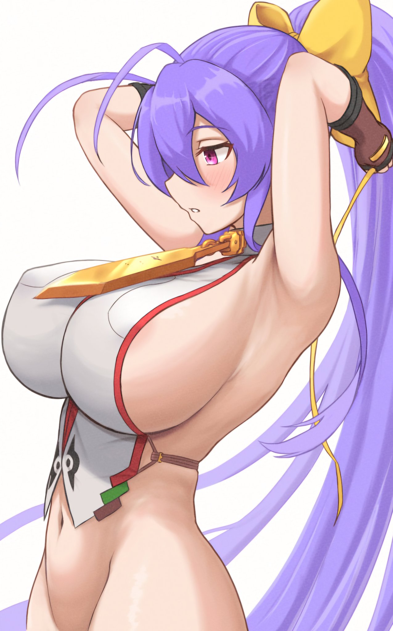 1girls adjusting_hair areola_slip armpits arms_behind_head big_breasts blazblue bottomless busty child_bearing_hips covered_erect_nipples female female_only fingerless_gloves from_side gloves hair_ribbon half-closed_eyes highres legs long_hair mai_natsume navel parted_lips ponytail pose posing purple_hair red_eyes ribbon seductive seductive_look sensual sexy_armpits sleeveless solo thick_thighs thighs toned very_long_hair voluptuous