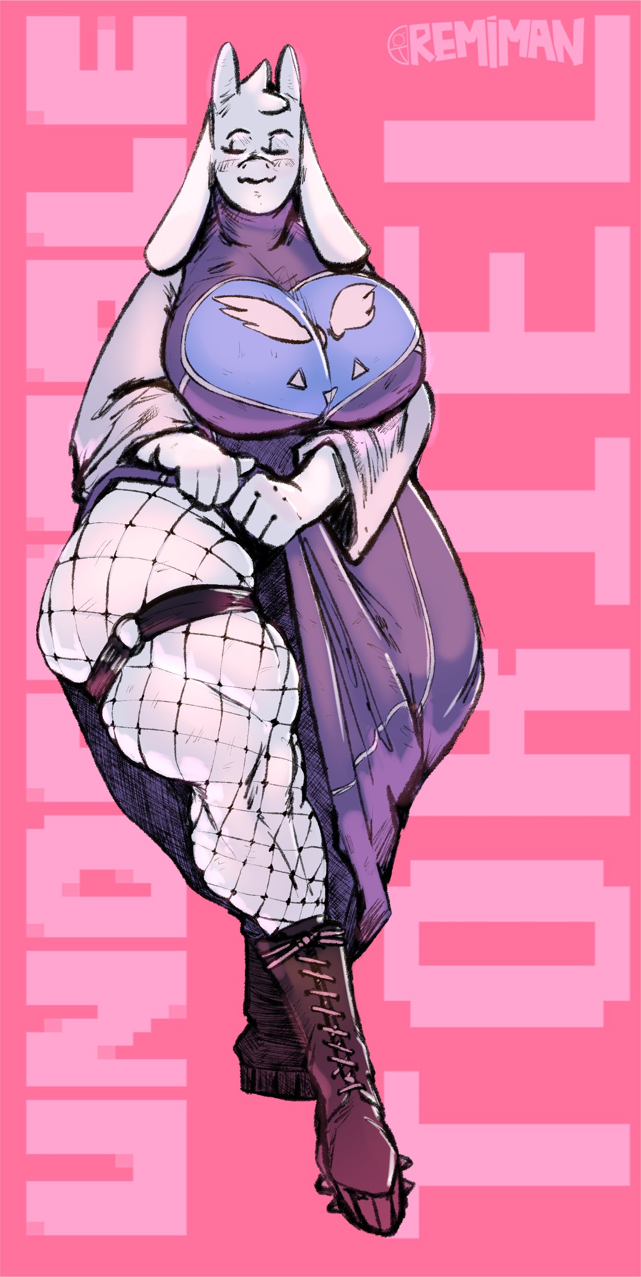 1girls, anthro, anthro only, big breasts, boots, boss monster, boss monster (undertale), breasts, breasts in dress, busty, curvaceous, curvy, curvy female, curvy figure, daring rem, dress, dress aside, dress lift, english text, fat ass, female, female focus, female only, fishnet legwear, fishnets, front view, fur, goat, goat girl, goth, goth girl, goth milf, goth mommy, hi res, high resolution, highres, huge breasts, large breasts, mature, mature female, milf, pink background, presenting, presenting thighs, purple dress, remiman, simple background, smile, smiling, solo, solo female, solo focus, tagme, text, thick thighs, thighhighs, thighs, toby fox, toriel, turtleneck, turtleneck dress, undertale, undertale (series), viewed from front, voluptuous, voluptuous female, white fur, white hair