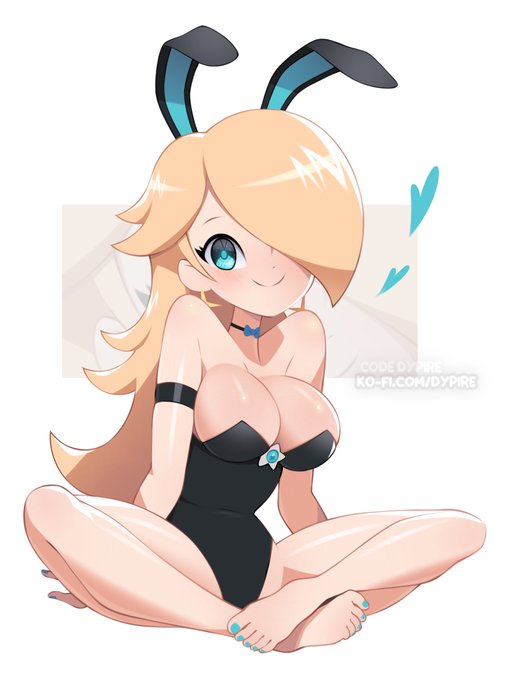 armband big_breasts black_bunny_ears black_bunnysuit blonde_female blonde_hair blue_eyes bowtie bunny_ears bunnysuit child_bearing_hips choker cute dypire feet hair_over_one_eye love love_heart mario_(series) painted_nails princess_rosalina