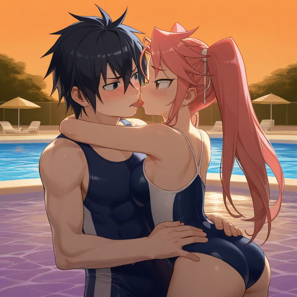 1boy1girl ai_generated black_hair breasts couple fairy_tail gray_fullbuster highschool_of_the_dead kissing pink_hair pool saya_takagi school_swimsuit twintails