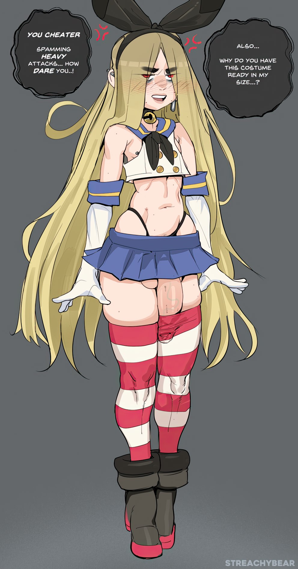 femboy high_heels long_hair lost_bet red_eyes shimakaze_(kantai_collection)_(cosplay) streachybear tagme thighhighs thighs yellow_hair