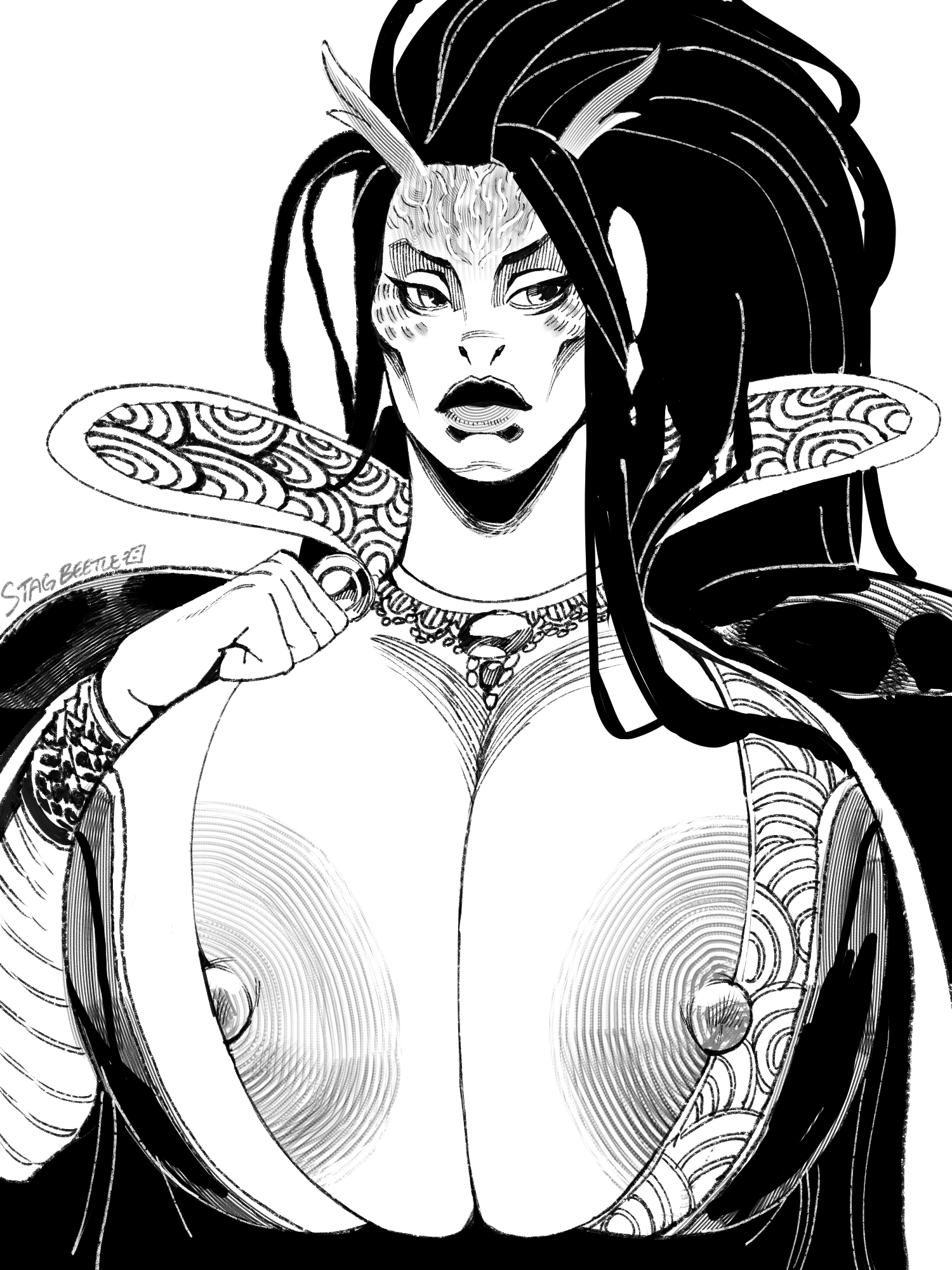 1girls, 2026, adjusting clothes, alien, alien girl, alien humanoid, amphibian, amphibian humanoid, areolae, artist name, big breasts, big lips, black and white, breasts, breasts bigger than head, busty, cleavage, clothed, clothed female, clothing, deep cleavage, endless space 2, female, front view, greyscale, hair, hi res, huge areolae, huge breasts, humanoid, jenestra omalfi'meos, large areolae, large breasts, long hair, looking away, lumeris, monochrome, necklace, nipple slip, nipples, partially clothed, plump lips, signature, simple background, skindentation, solo, stagbeetle, thick lips, white background