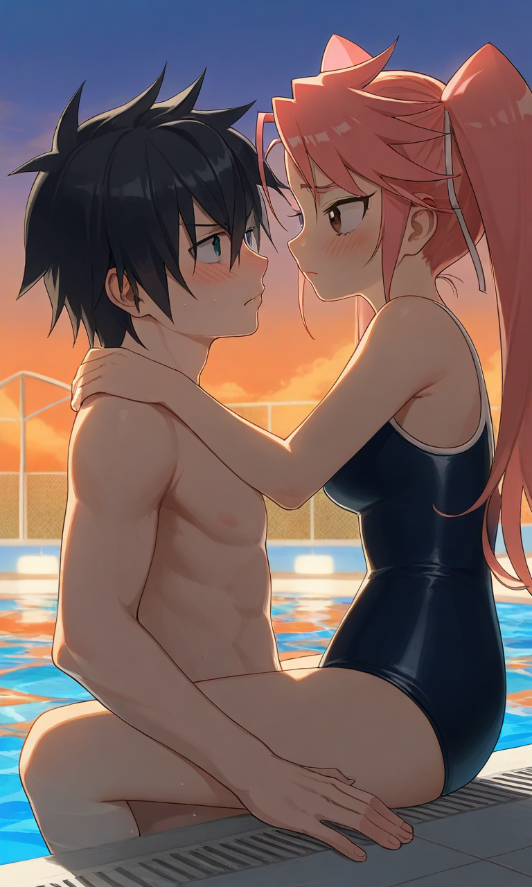 1boy1girl ai_generated black_hair breasts couple fairy_tail gray_fullbuster highschool_of_the_dead kissing pink_hair pool saya_takagi school_swimsuit twintails