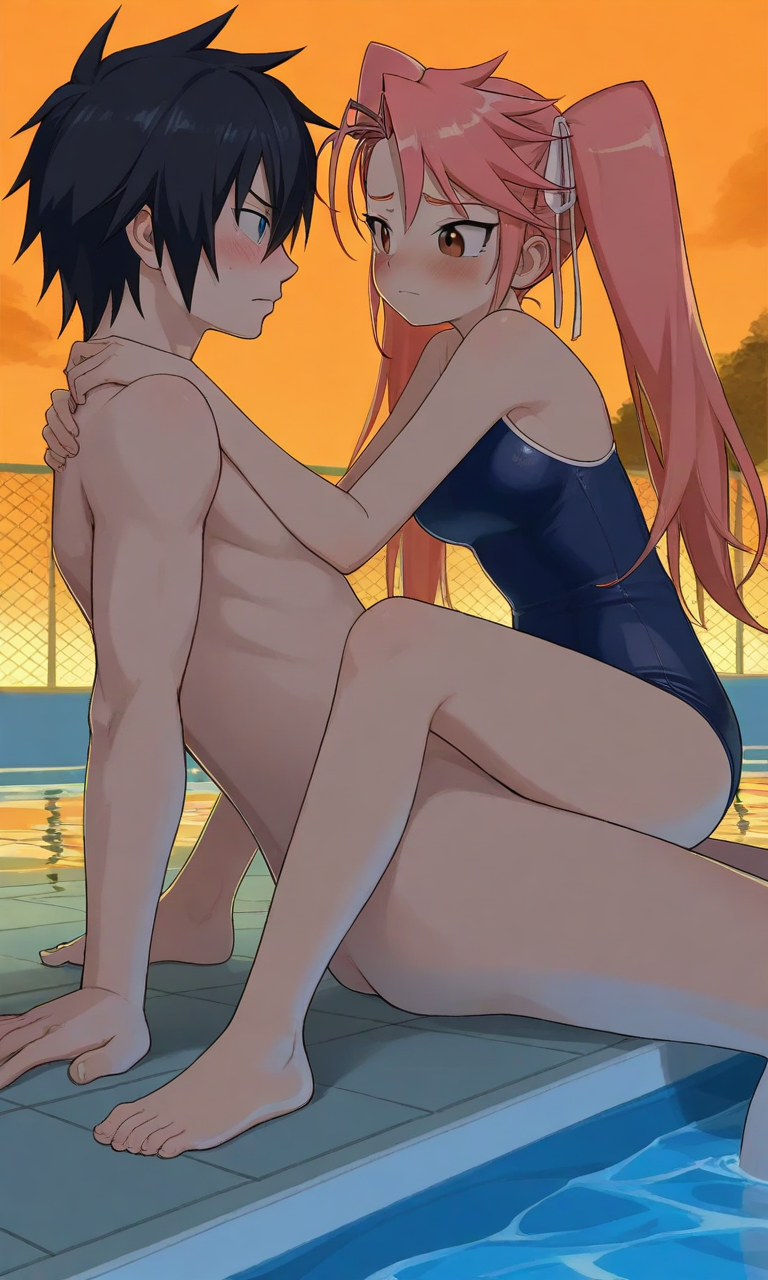 1boy1girl ai_generated black_hair breasts couple fairy_tail gray_fullbuster highschool_of_the_dead kissing pink_hair pool saya_takagi school_swimsuit twintails