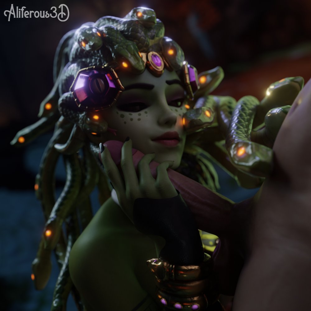 1boy, 1girls, 3d, aliferous, blizzard entertainment, erection, female, green skin, male, medusa widowmaker, overwatch, penis, widowmaker