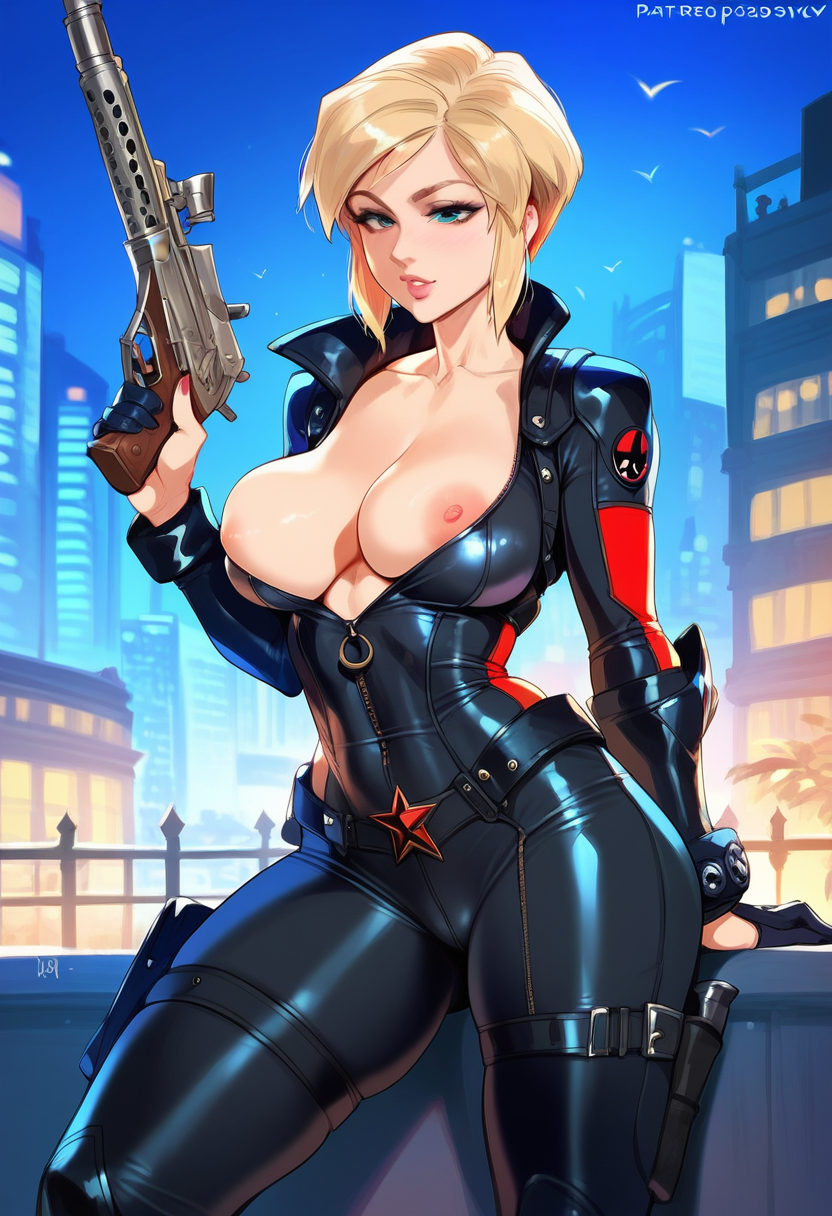 2d ai_generated big_breasts blonde_hair bodysuit destroy_all_humans! female female_focus female_only gun natalya_ivanova night outdoors solo solo_female solo_focus tagme