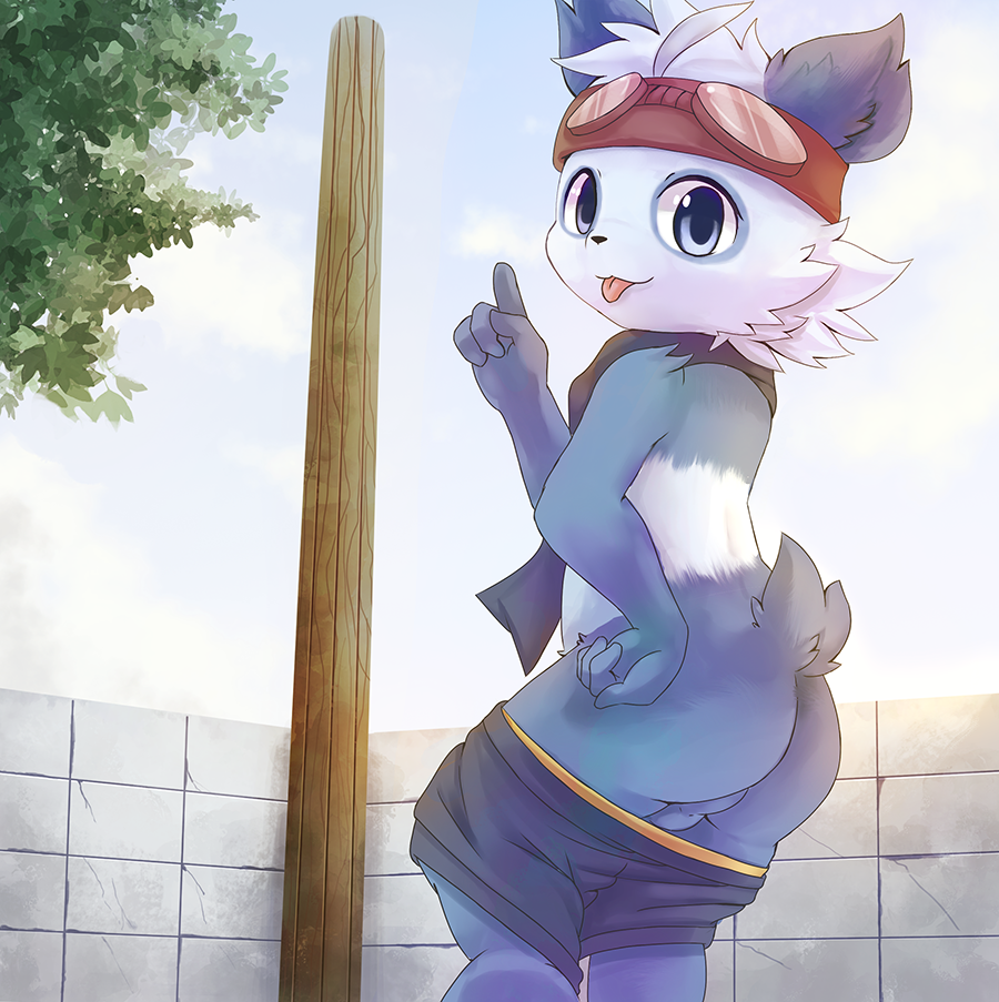 ass balls blue_eyes clothing cute furry male pants pants_down ruugiaruu tongue tongue_out