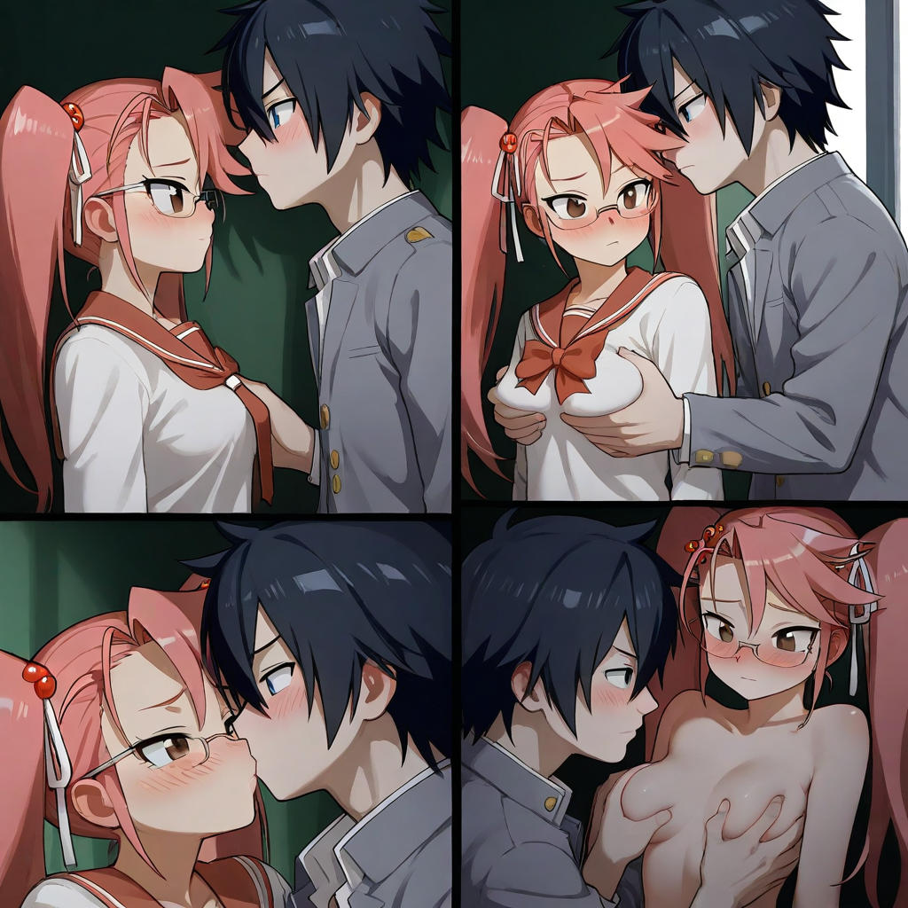 1boy1girl ai_generated black_hair couple fairy_tail glasses gray_fullbuster highschool_of_the_dead pink_hair saya_takagi school school_uniform twintails