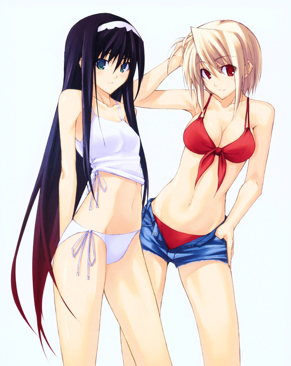 2girls arcueid_brunestud arms_behind black_hair blonde_hair blue_eyes female front-tie_bikini hand_on_head hand_on_hip melty_blood multiple_girls posing red_eyes shingo short_hair shorts side-tie_bikini smile swimsuit teasing tohno_akiha tsukihime two-tone_hair type-moon unzipped vampire_girl very_long_hair