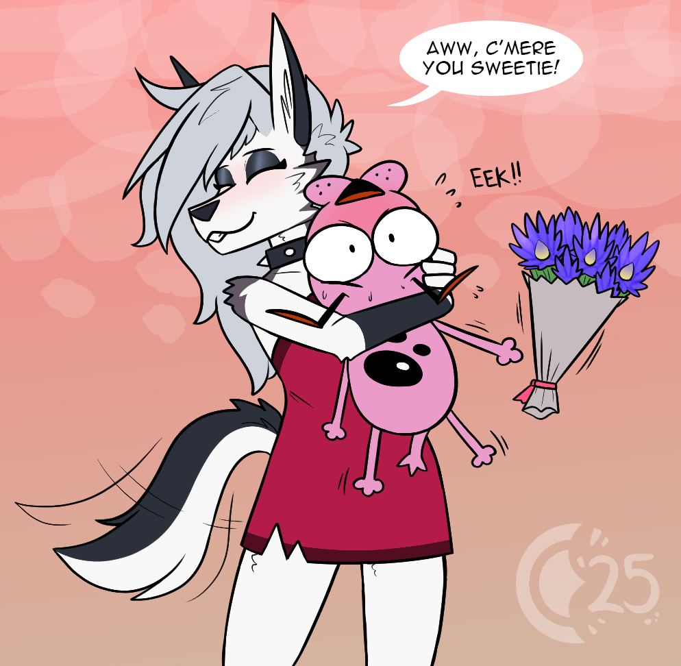 2025 anthro beagle bouquet canid canid_demon canine canis cartoon_network chocend clothed clothing courage_the_cowardly_dog courage_the_cowardly_dog_(character) crossover demon domestic_dog dress duo female flower flower_bouquet hellhound helluva_boss hug hunting_dog loona_(helluva_boss) male male/female mammal mythological_canine mythological_creature mythology pink_body plant red_clothing red_dress scent_hound speech_bubble tail tail_motion tailwag text