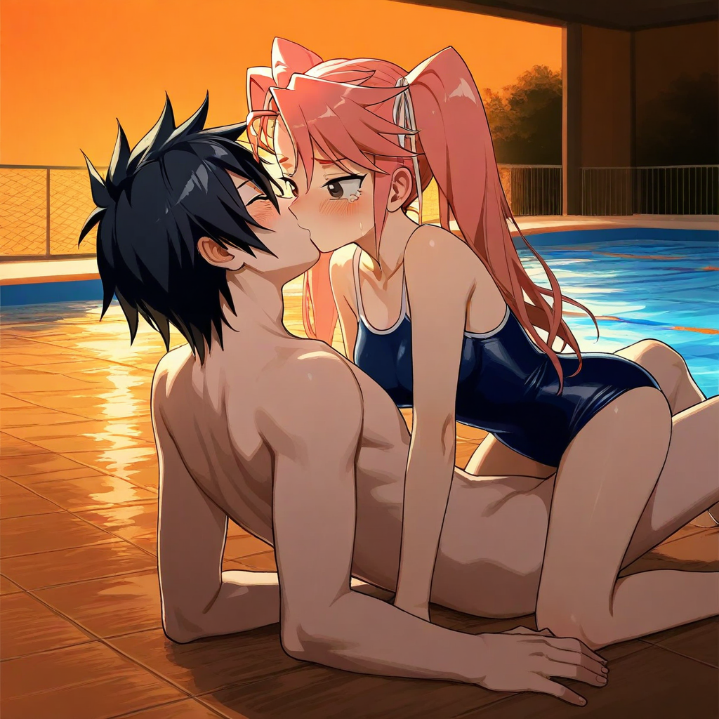 1boy1girl ai_generated anime anime_style black_hair blush boobs breasts couple crossover crossover_shipping emotional evening fairy_tail gray_fullbuster highschool_of_the_dead kissing naked_male nude_male_clothed_female passionate_kiss pink_hair pool poolside saya_takagi school_swimsuit straddling sunset tears tears_of_joy twintails young