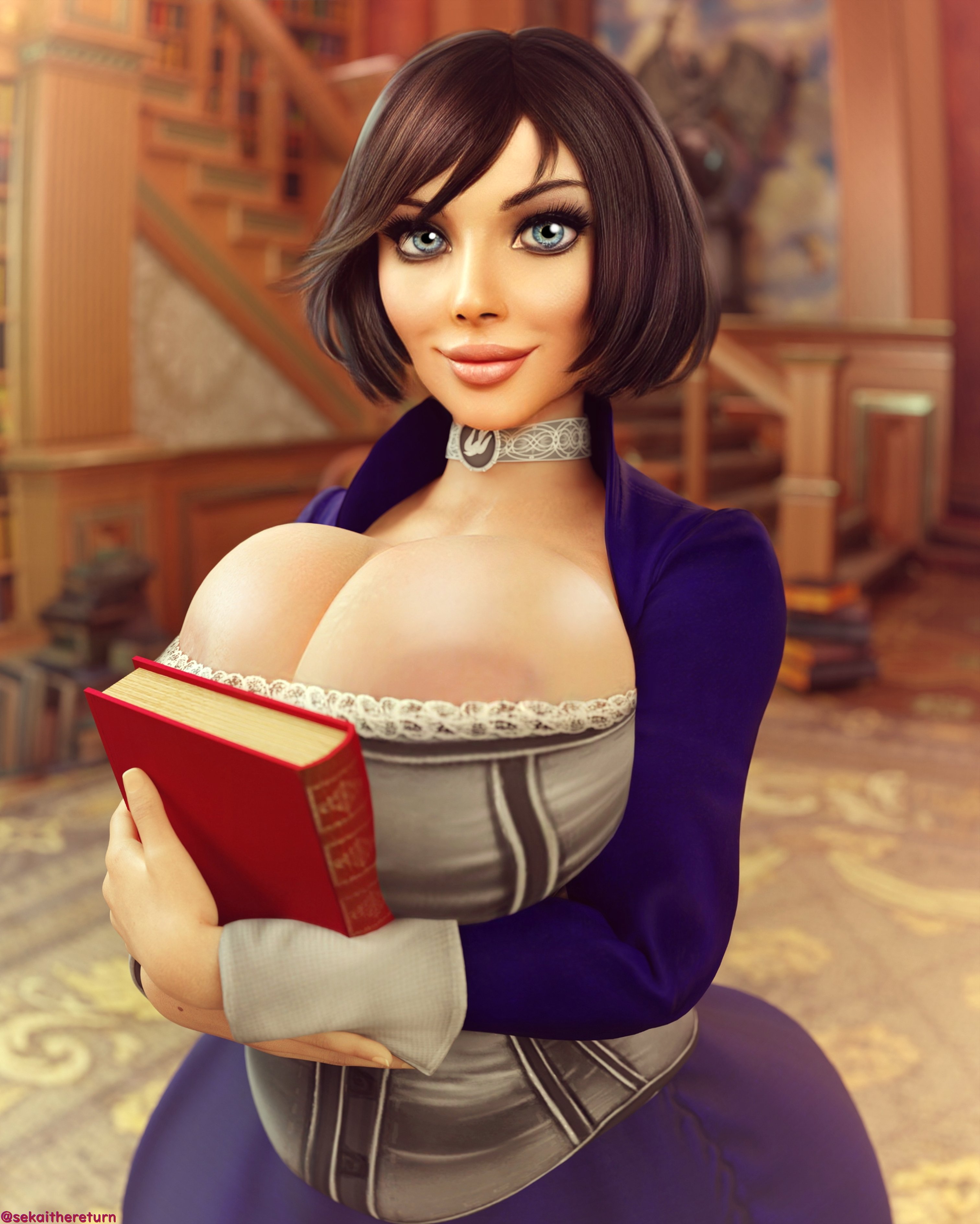 3d, ai generated, big breasts, bimbo, bioshock, bioshock infinite, blue eyes, bolero, book, breasts, brown hair, cleavage, corset, elizabeth comstock, female, female focus, female only, sekaithereturn, short hair, skirt, tagme