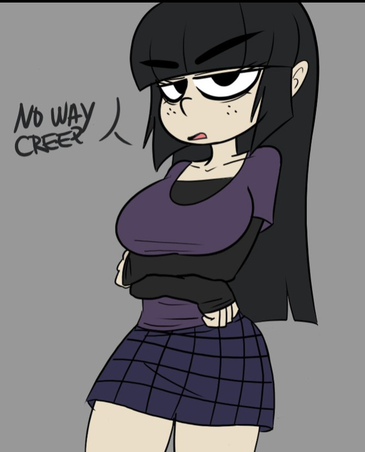 angry annoyed black_hair comet0ne freckles goth goth_girl hands_on_breasts large_breasts looking_at_viewer maggie_(the_loud_house) nickelodeon pale_skin plaid_skirt purple_skirt shirt skirt text the_loud_house