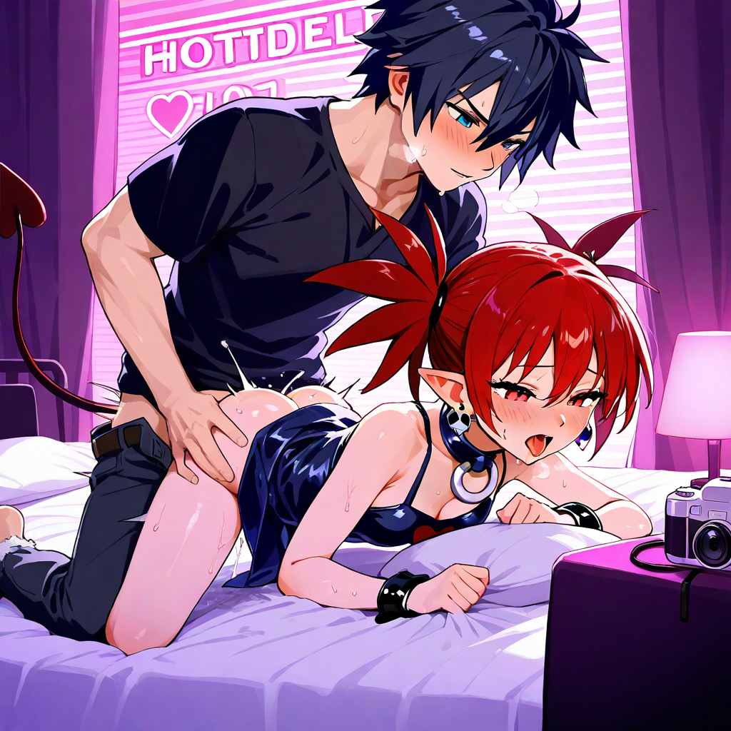 1boy1girl ai_generated black_hair couple disgaea etna red_eyes red_hair short_hair twintails