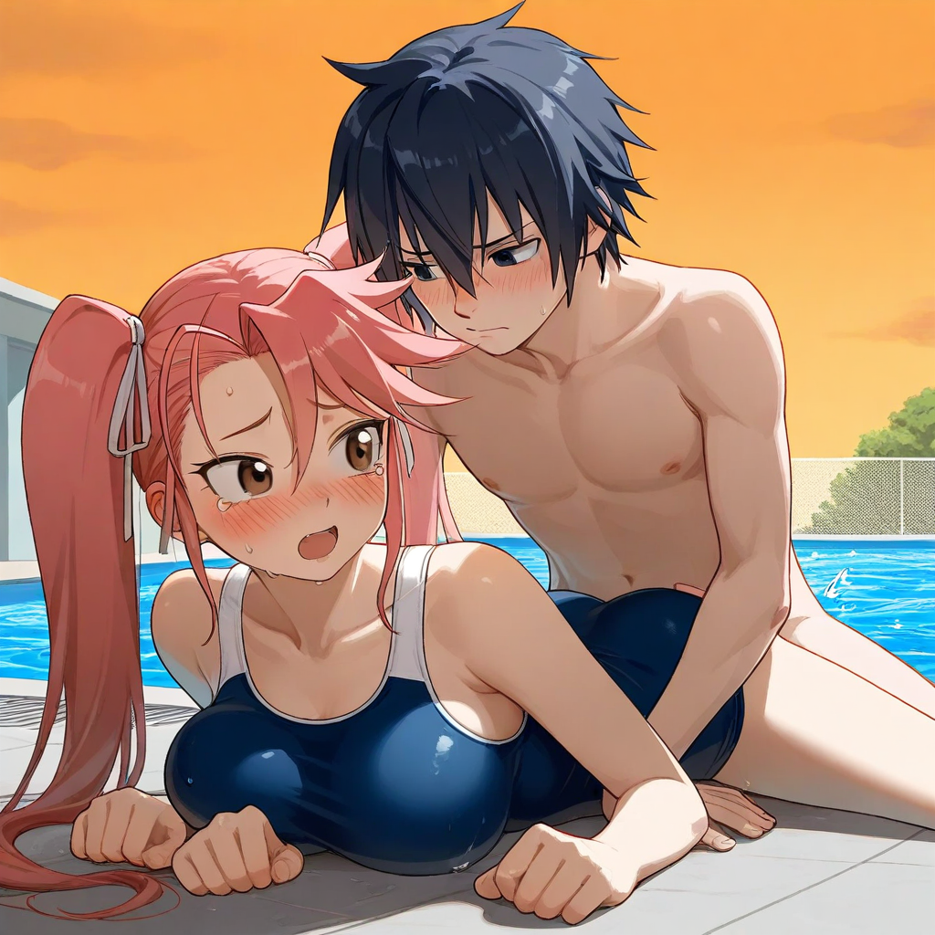 1boy1girl ai_generated black_hair breasts couple fairy_tail gray_fullbuster highschool_of_the_dead kissing pink_hair pool saya_takagi school_swimsuit twintails